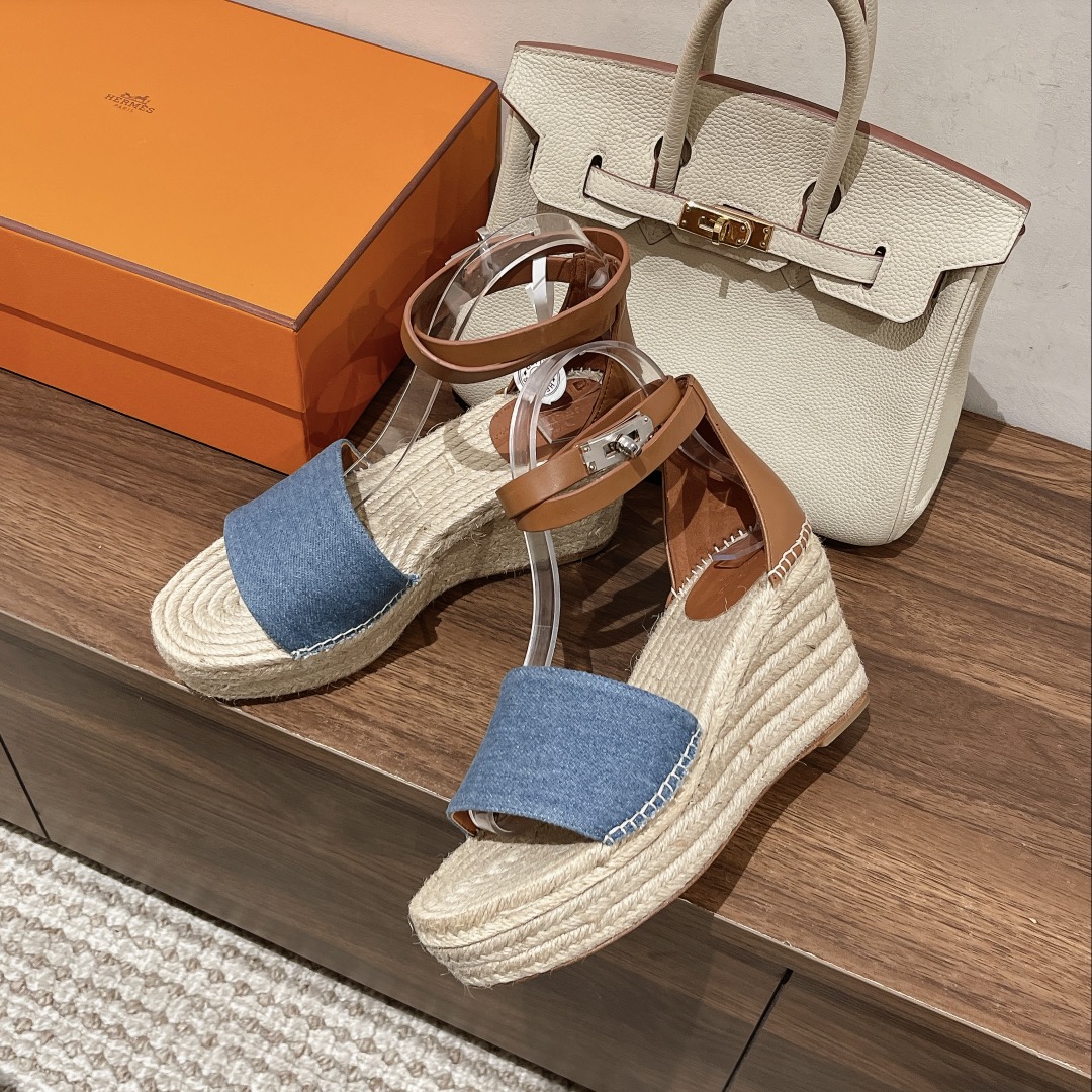 [TOP] HERMES straw plaited article Sandals - Blue