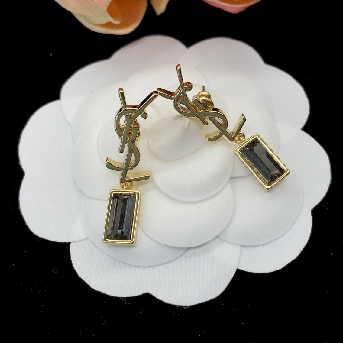 [TOP] Yves Saint Laurent YSL Metal Gemstone Stud Earrings - YSL