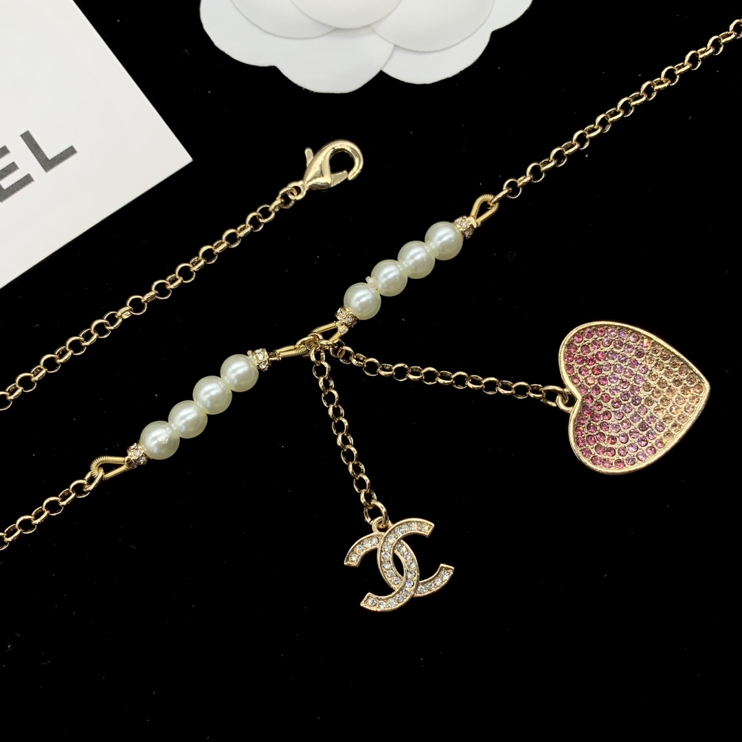 [TOP] CHANEL Pearl/Gold Chain/Heart Necklace