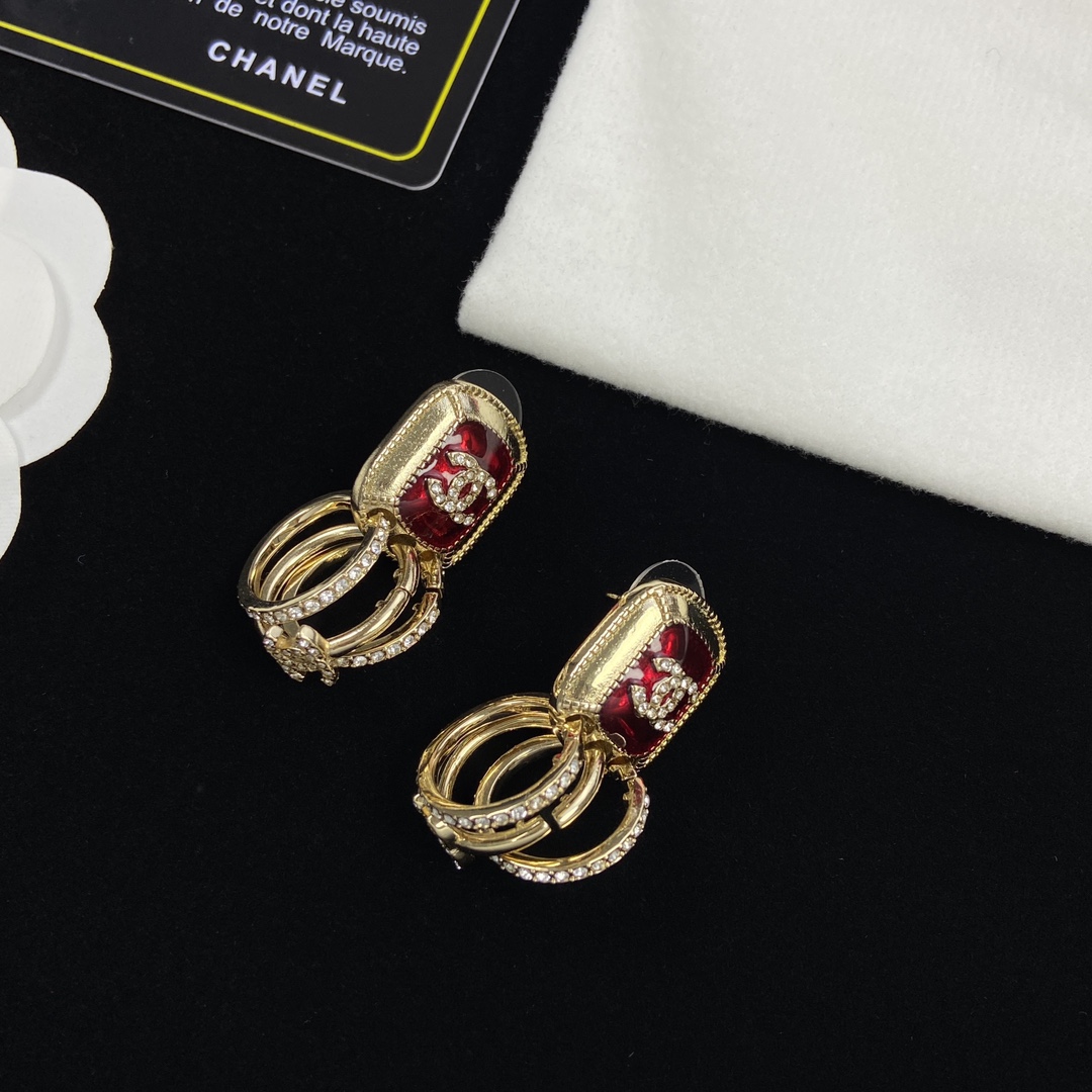 [TOP] CHANEL Crystal/Diamond Earrings - Red