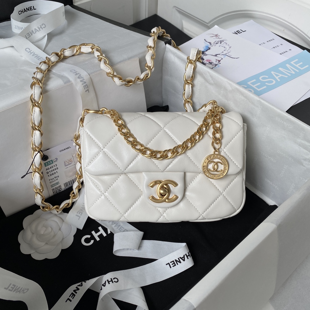 [TOP] CHANEL Mini Square Adjustable Coin Chain Flap Bag SS21 12x21x7 cm - White