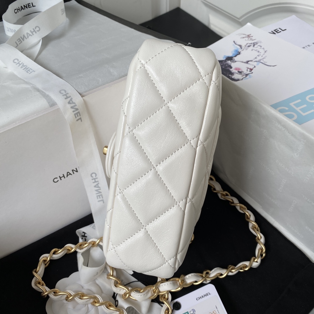 [TOP] CHANEL Mini Square Adjustable Coin Chain Flap Bag SS21 12x21x7 cm - White