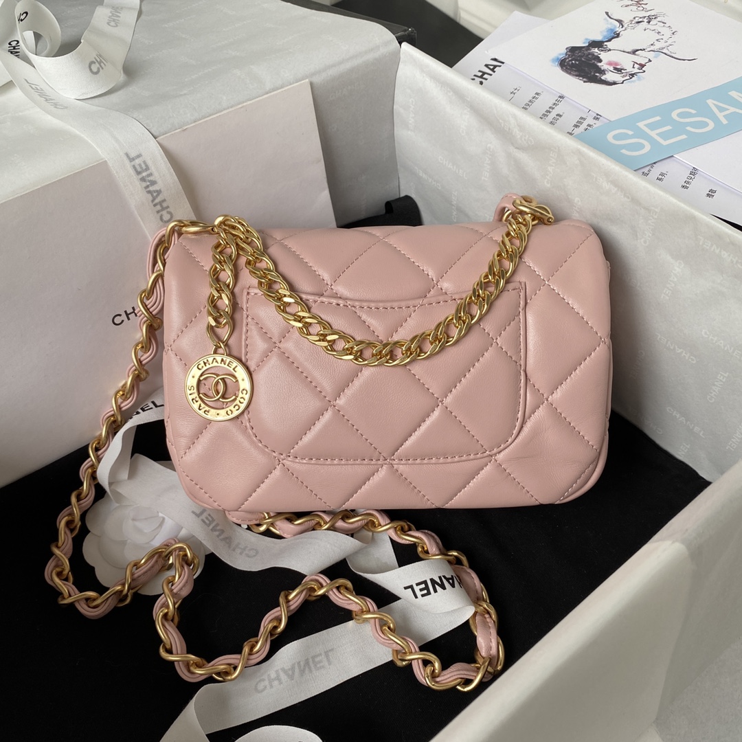 [TOP] CHANEL Mini Square Adjustable Coin Chain Flap Bag SS21 12x21x7 cm - Pink