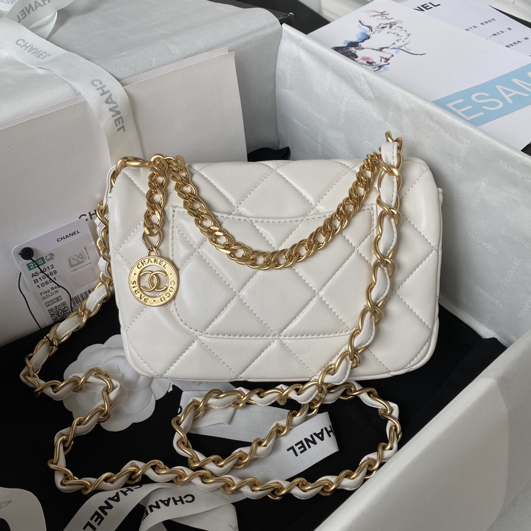 [TOP] CHANEL Mini Square Adjustable Coin Chain Flap Bag SS21 12x21x7 cm - White