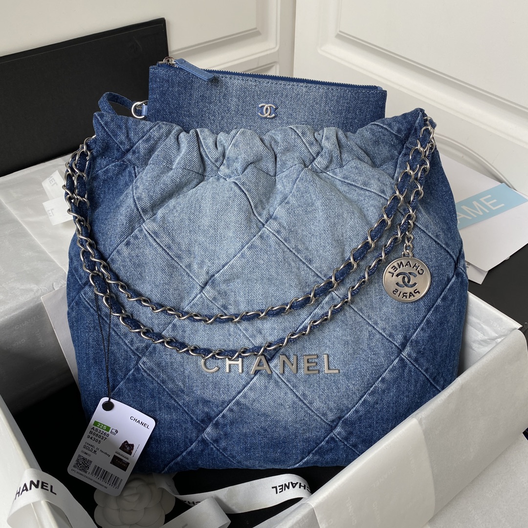 [TOP] CHANEL Gabrielle Travel Metal/Denim Interwoven Chain 35x37x7cm/39x42x8cm - Navy