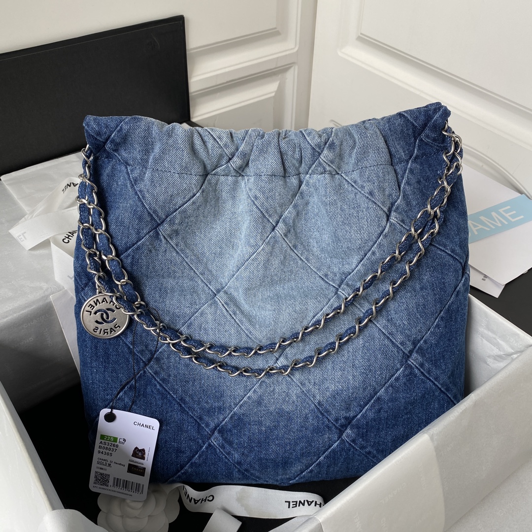 [TOP] CHANEL Gabrielle Travel Metal/Denim Interwoven Chain 35x37x7cm/39x42x8cm - Navy