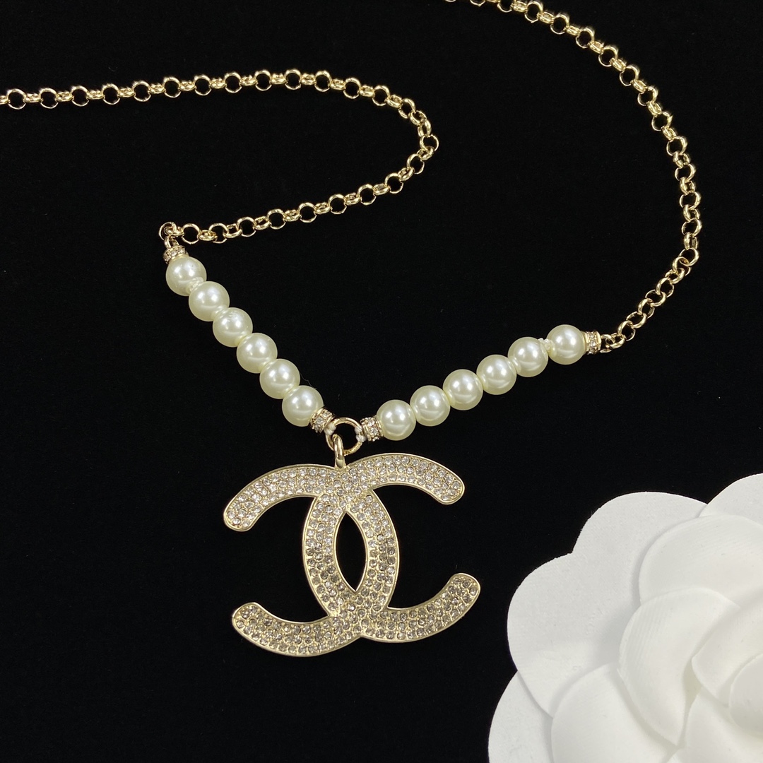 [TOP] CHANEL Metal/Pearl Gradient Diamond Necklace - Gold