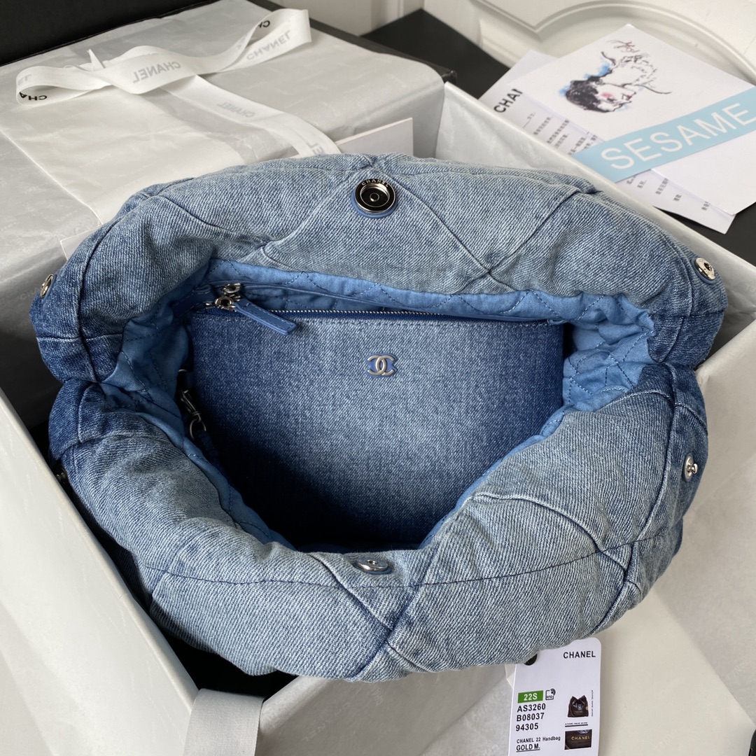 [TOP] CHANEL Gabrielle Travel Metal/Denim Interwoven Chain 35x37x7cm/39x42x8cm - Navy