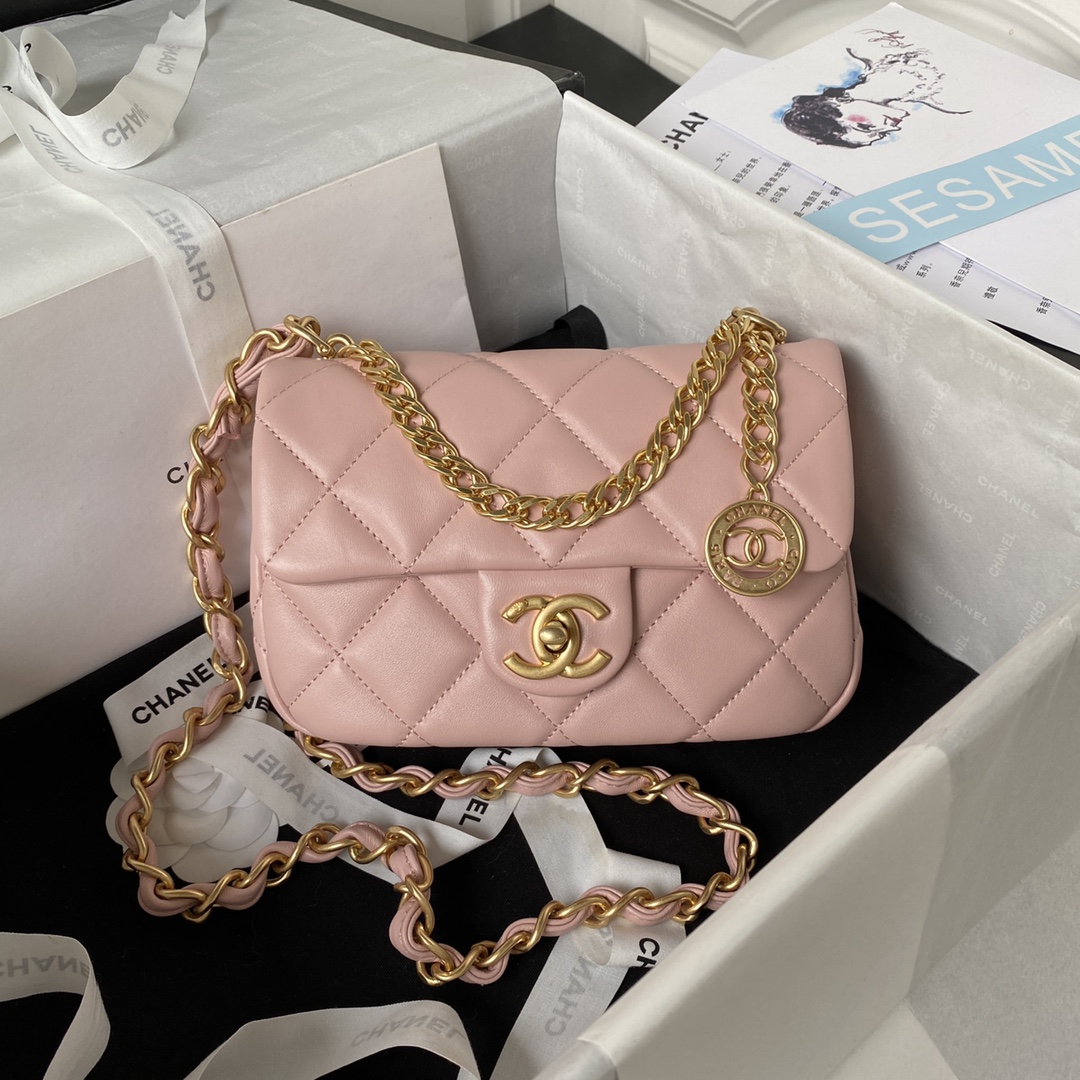 [TOP] CHANEL Mini Square Adjustable Coin Chain Flap Bag SS21 12x21x7 cm - Pink