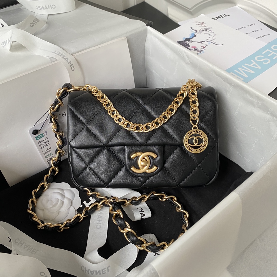 [TOP] CHANEL Mini Square Adjustable Coin Chain Flap Bag SS21 12x21x7 cm - Black