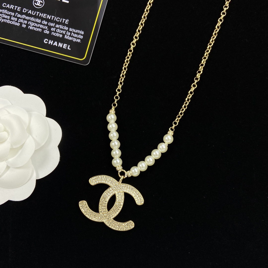 [TOP] CHANEL Metal/Pearl Gradient Diamond Necklace - Gold