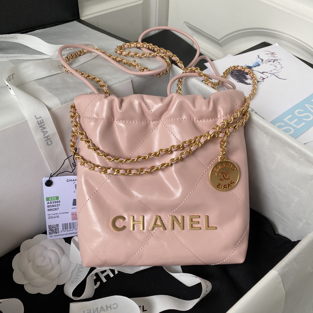 [TOP] CHANEL mini22 Quilted Gold Chain Small Bag 19x20x6cm - Pink