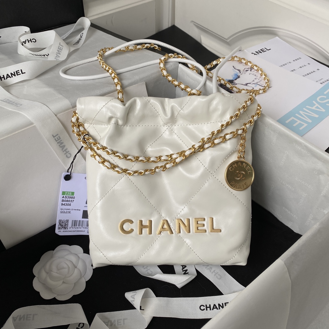 [TOP] CHANEL mini22 Quilted Gold Chain Small Bag 19x20x6cm - White