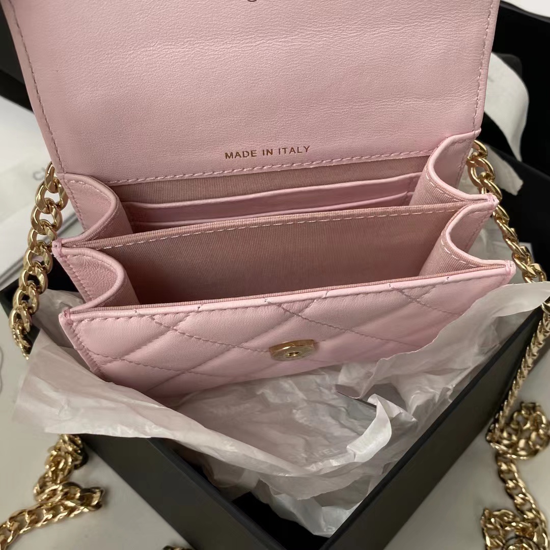 [TOP] CHANEL Flap Bag Lambskin Enamel Handle 9.5x13x6cm - Pink