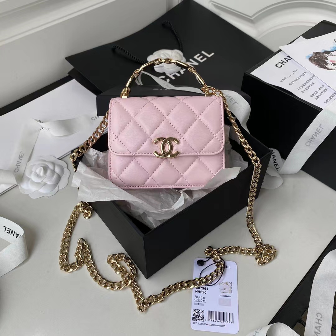 [TOP] CHANEL Flap Bag Lambskin Enamel Handle 9.5x13x6cm - Pink