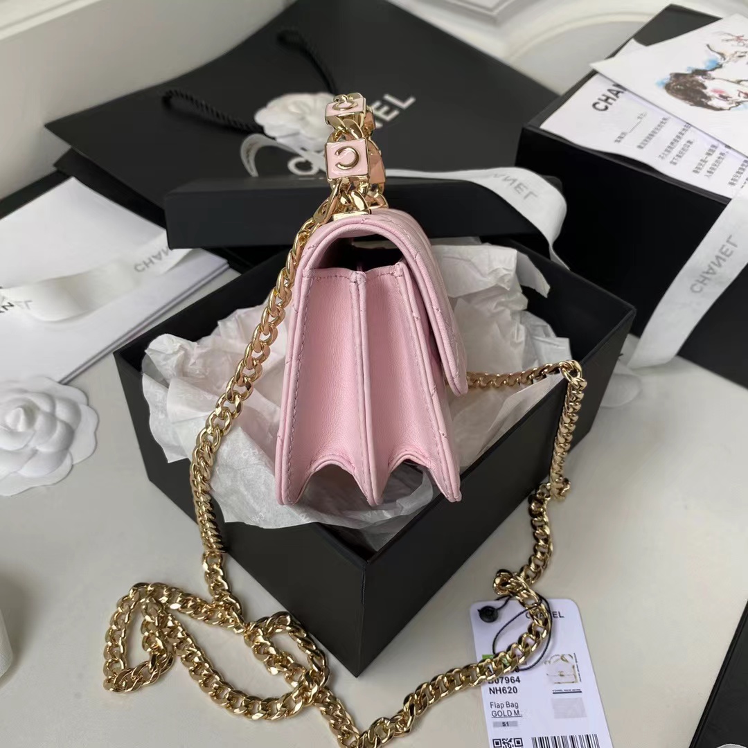 [TOP] CHANEL Flap Bag Lambskin Enamel Handle 9.5x13x6cm - Pink