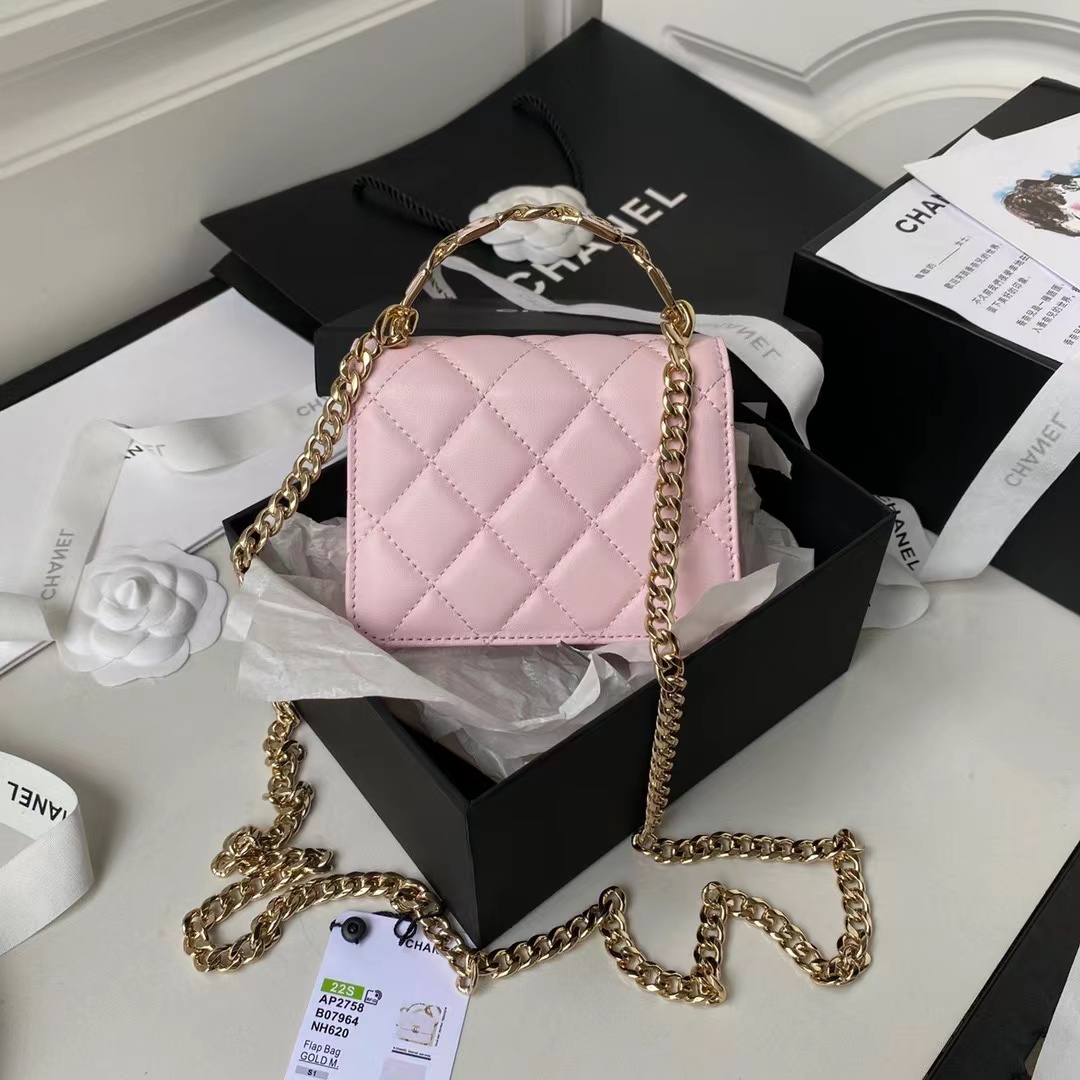 [TOP] CHANEL Flap Bag Lambskin Enamel Handle 9.5x13x6cm - Pink