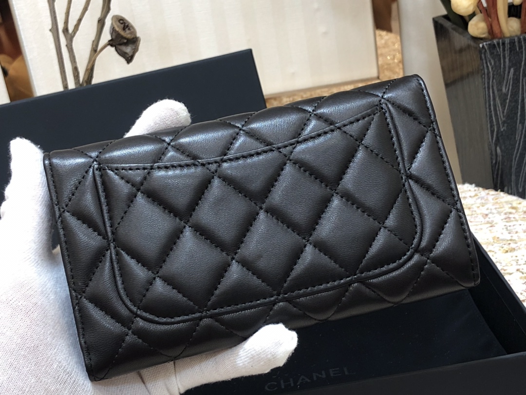 [TOP] CHANEL Long Folding Lambskin Wallet 18cm - Black - SHW