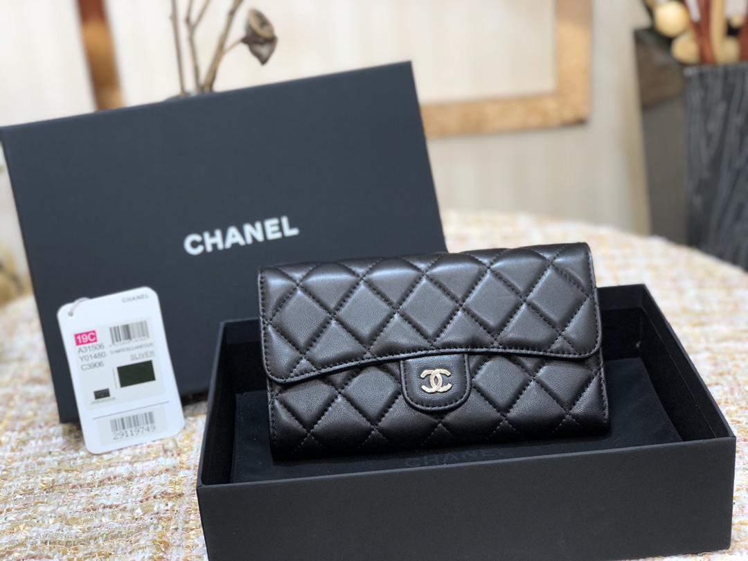 [TOP] CHANEL Long Folding Lambskin Wallet 18cm - Black - SHW