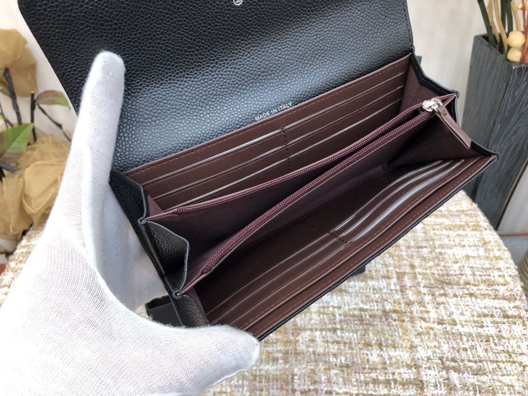 [TOP] CHANEL Long Folding Caviar Wallet 19cm - Black - SHW