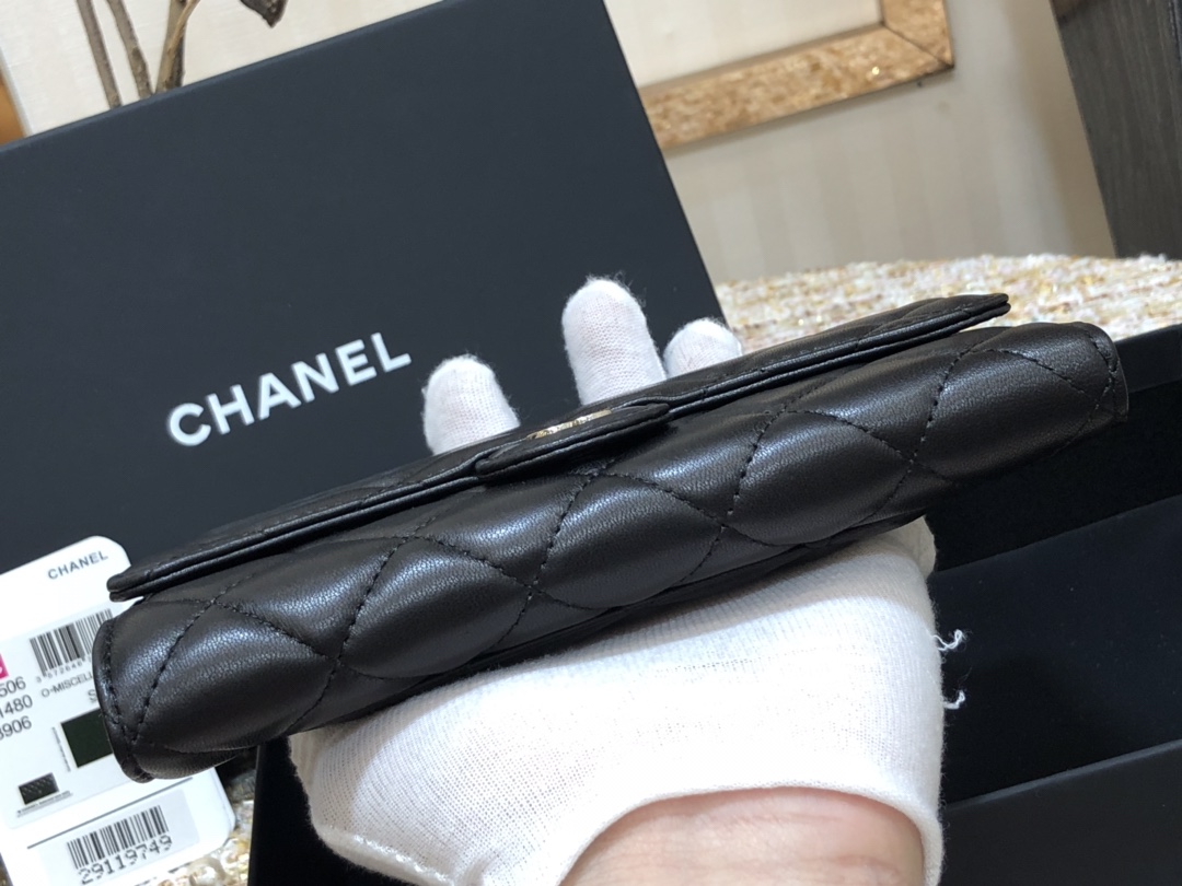 [TOP] CHANEL Long Folding Lambskin Wallet 18cm - Black - SHW