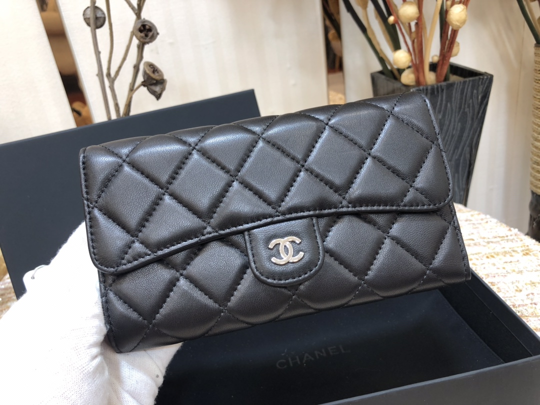 [TOP] CHANEL Long Folding Lambskin Wallet 18cm - Black - SHW