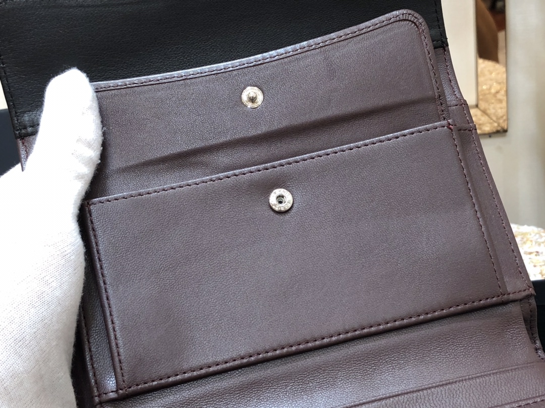 [TOP] CHANEL Long Folding Lambskin Wallet 18cm - Black - SHW