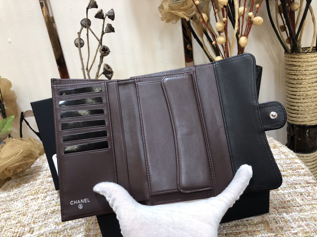 [TOP] CHANEL Long Folding Lambskin Wallet 18cm - Black - SHW