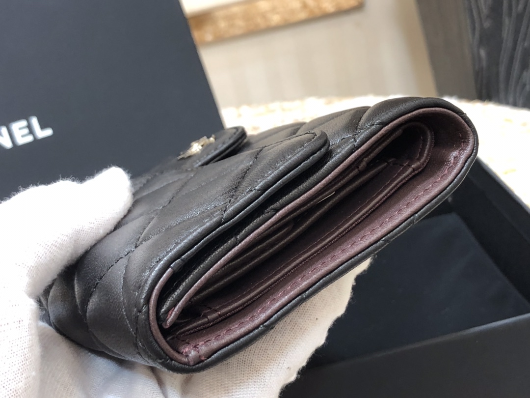 [TOP] CHANEL Long Folding Lambskin Wallet 18cm - Black - SHW