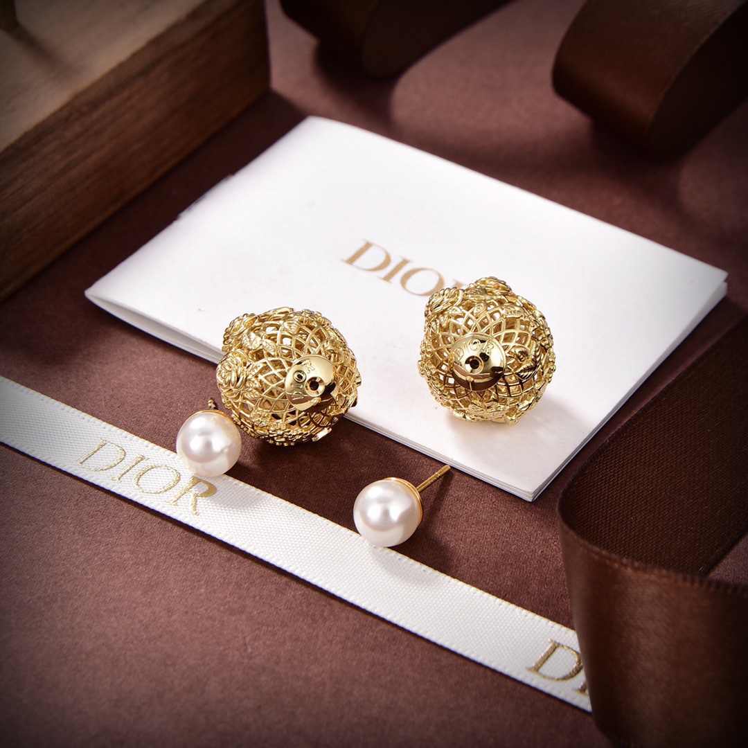 [TOP] Christian Dior CD Pearl Hollow Ball earrings - Gold