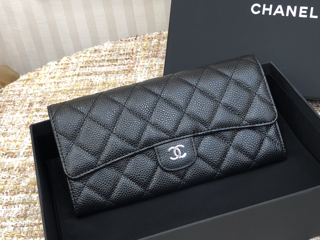 [TOP] CHANEL Long Folding Caviar Wallet 19cm - Black - SHW