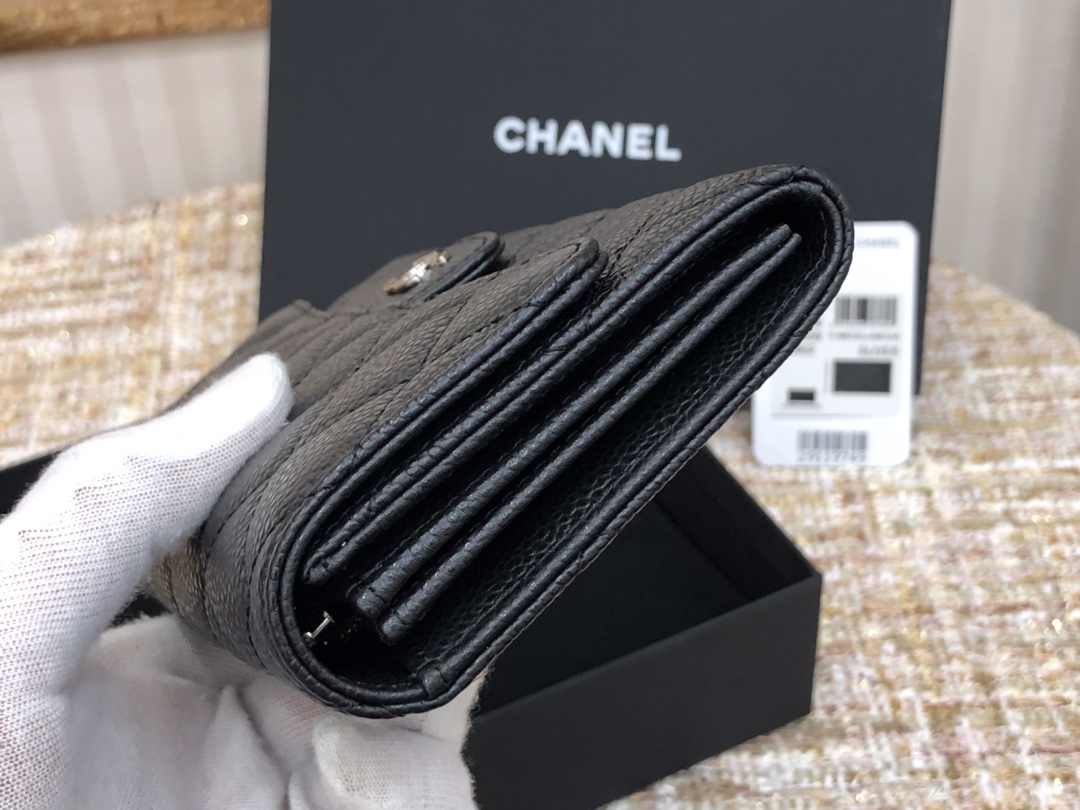 [TOP] CHANEL Long Folding Caviar Wallet 19cm - Black - SHW