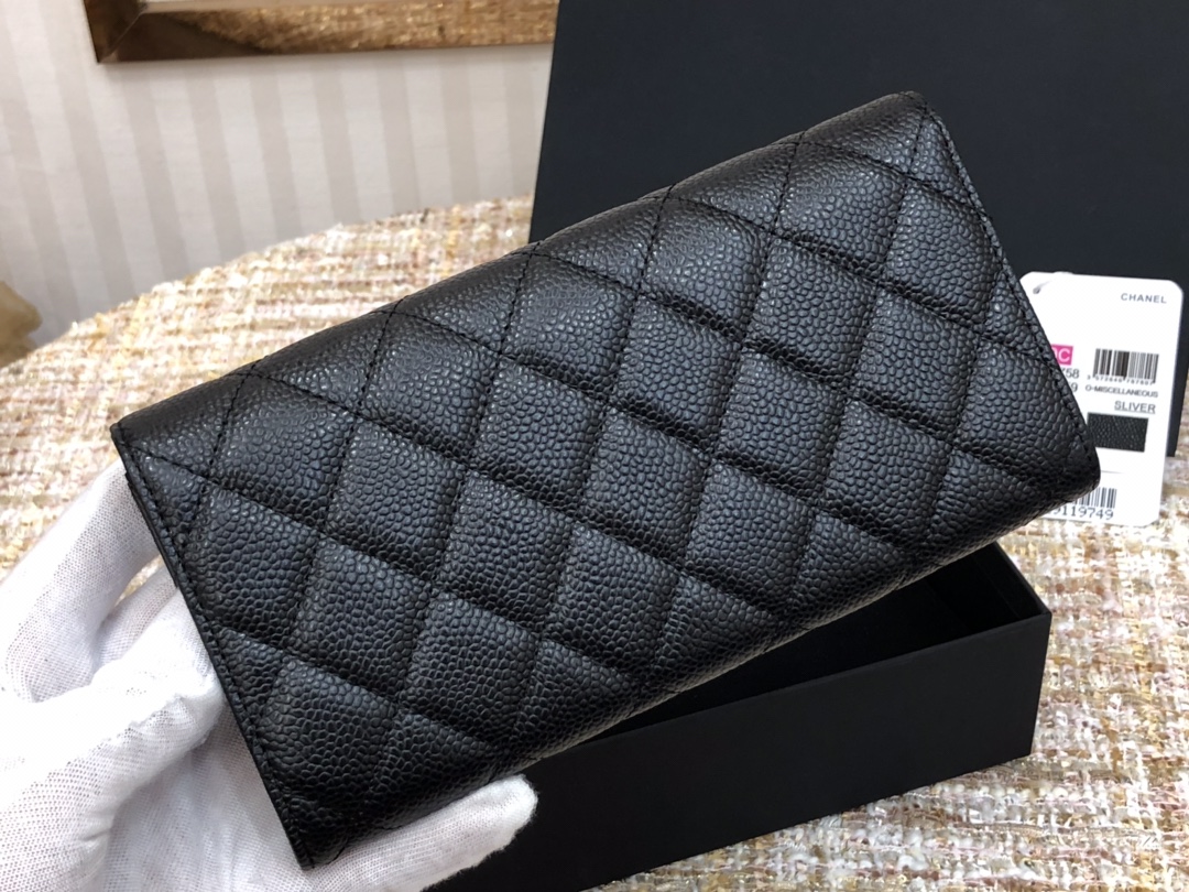 [TOP] CHANEL Long Folding Caviar Wallet 19cm - Black - SHW