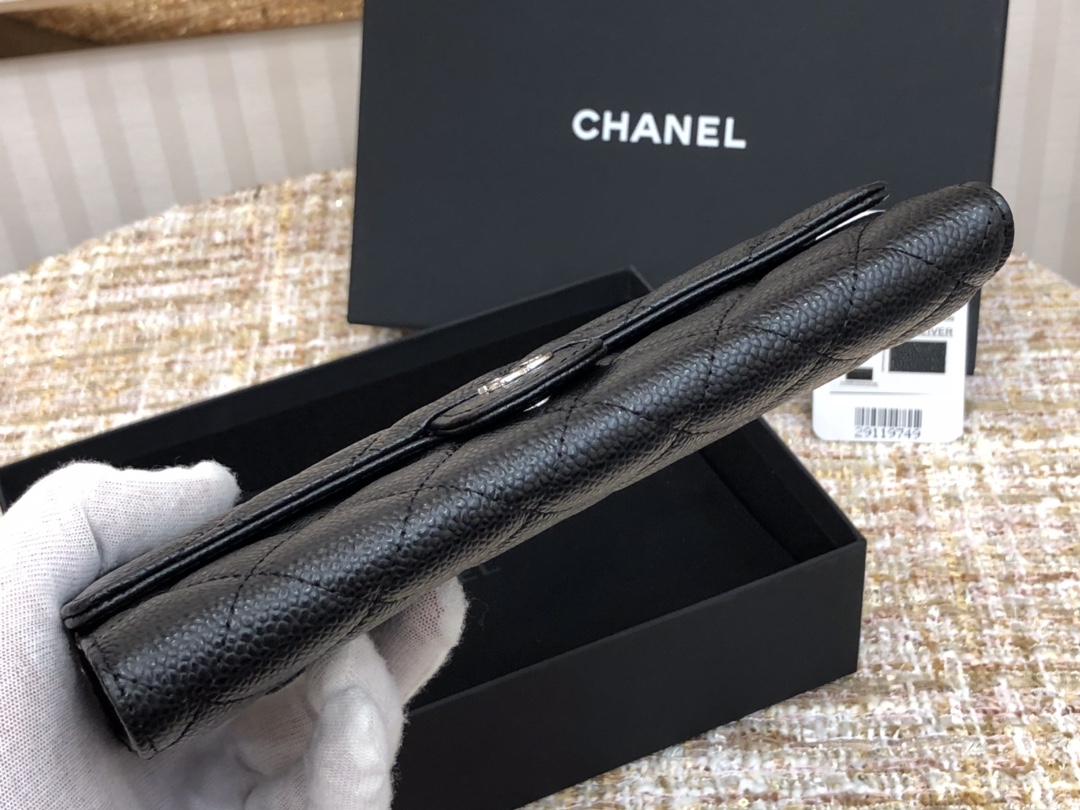 [TOP] CHANEL Long Folding Caviar Wallet 19cm - Black - SHW