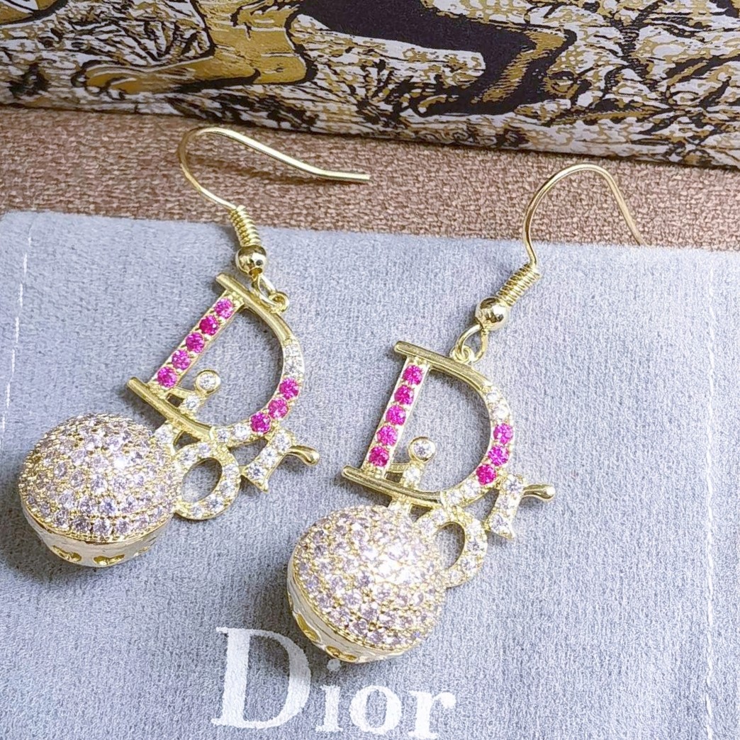 [TOP] Christian Dior color diamond tassel full diamond logo letter earrings