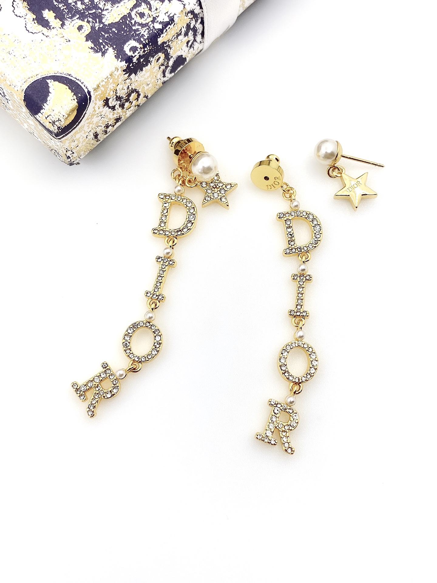 [TOP] Christian Dior Letter Diamond Star Pearl Earrings - Gold
