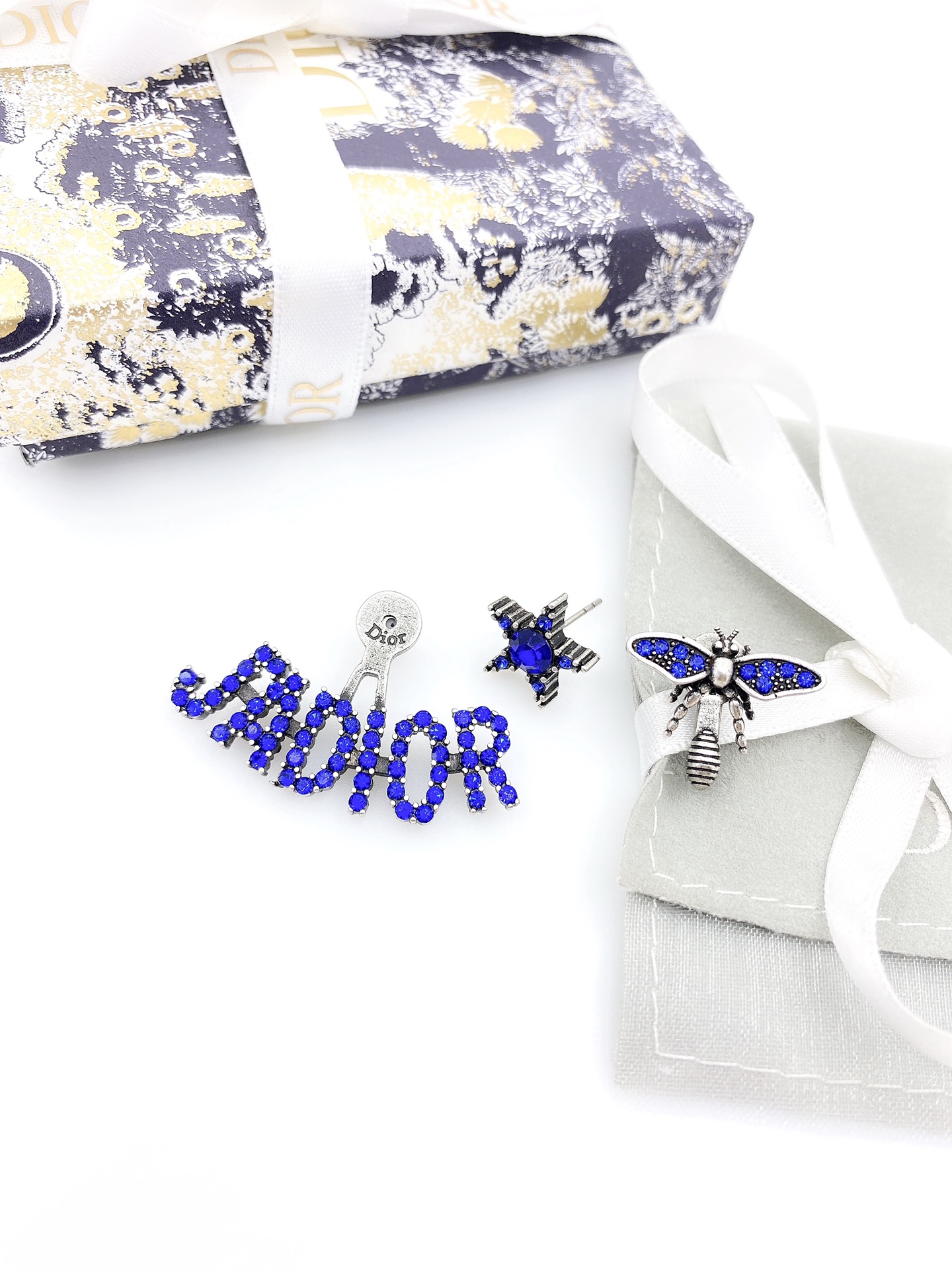 [TOP] Christian Dior Asymmetric Bee Earrings - Blue