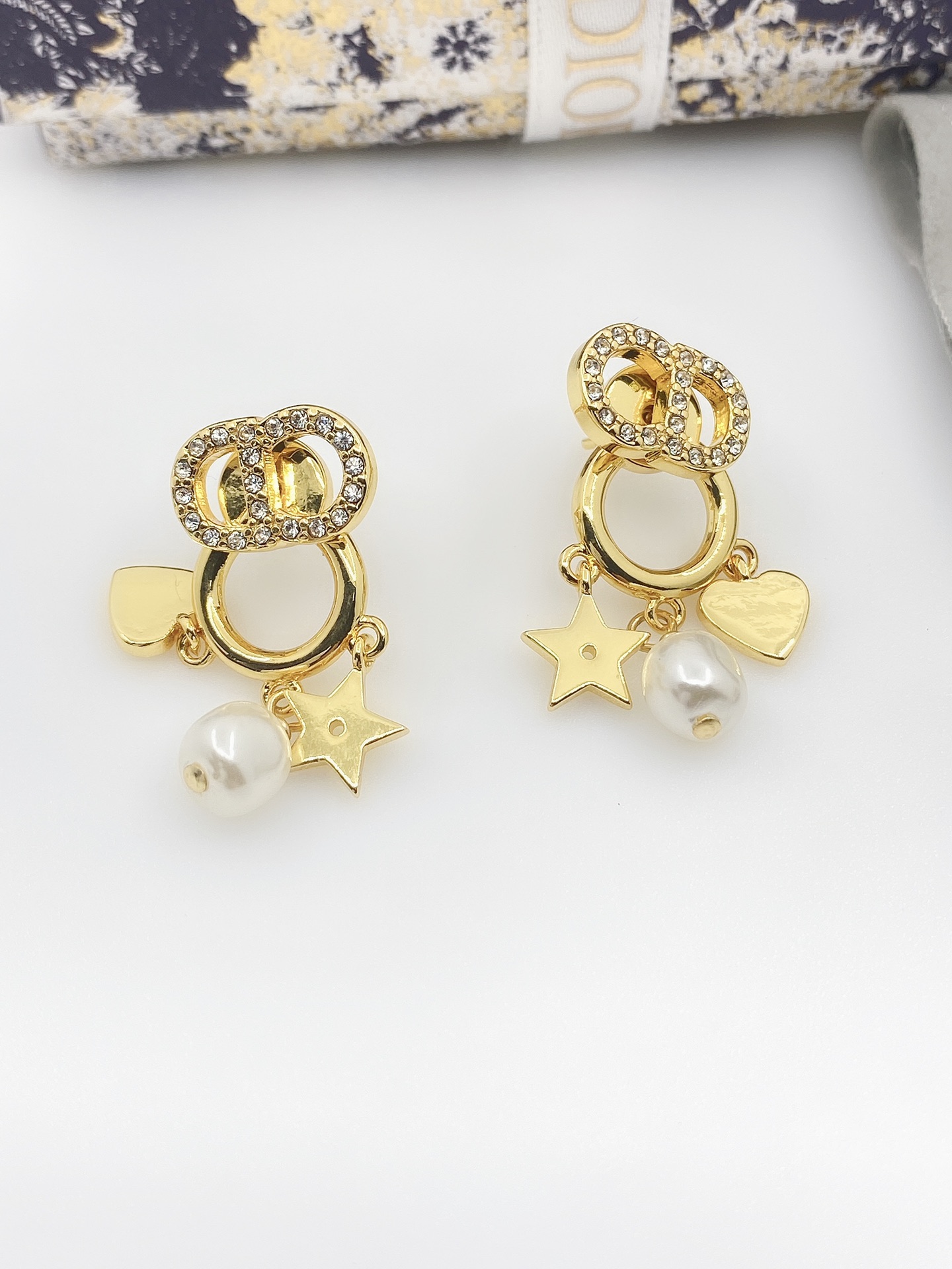[TOP] Christian Dior CD Pearl Star Heart Earrings - Gold