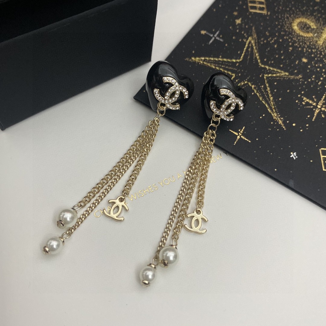 [TOP] CHANEL Double C Diamond Tassel Pearl Earrings - Gold