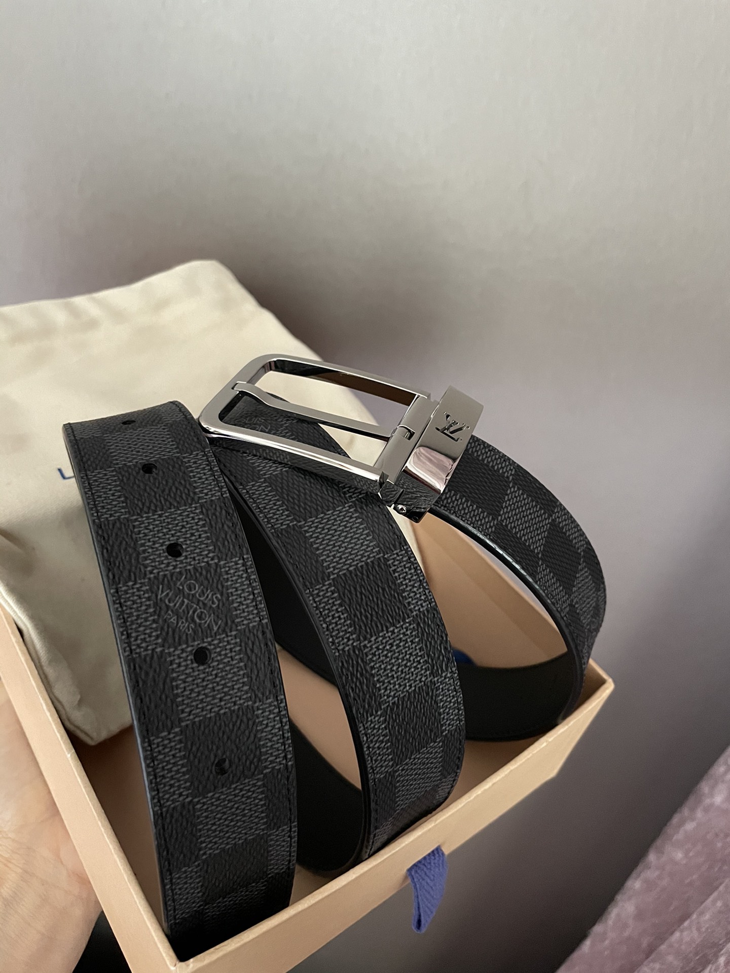 [TOP] Louis Vuitton LV LV Men's Belt Initials Damier Graphite - Black