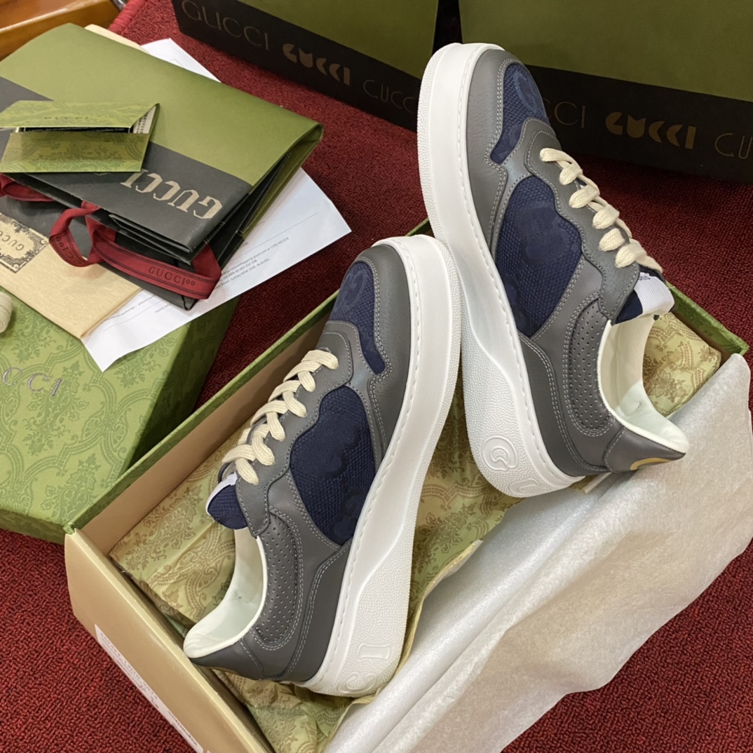 [TOP] GUCCI Color Block Double G Embossed Leather Rubber Platform Sneakers - Gray & Blue