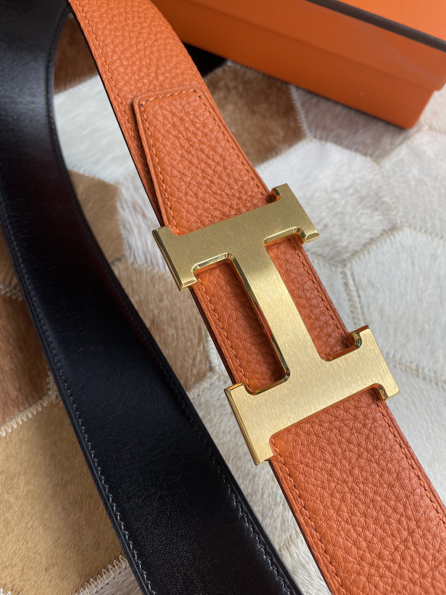 [TOP] HERMES Men's Buckle Logo Epsom Belt 3.8cm - Orange - GHW/SHW
