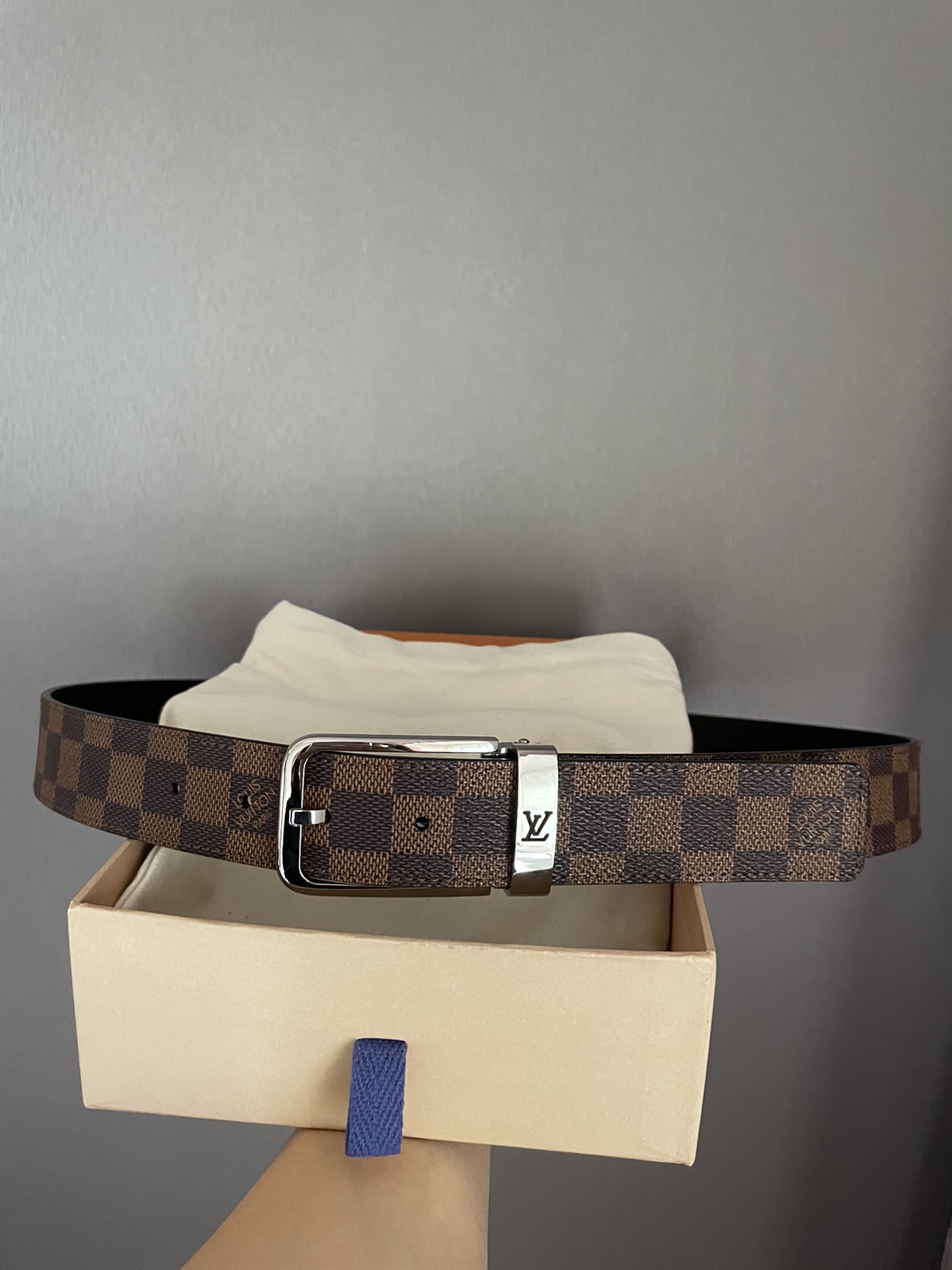 [TOP] Louis Vuitton LV LV Men's Belt Initials Damier Graphite - Brown