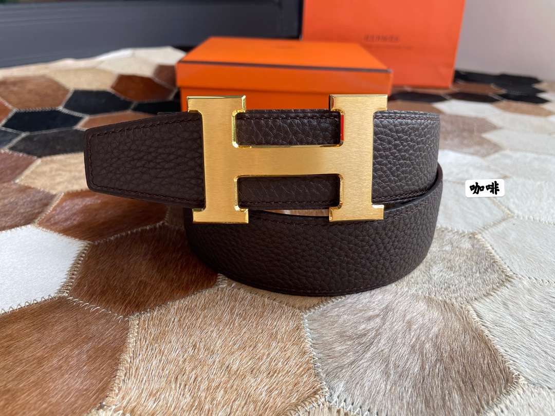 [TOP] HERMES Men's Buckle Logo Epsom Belt 3.8cm - Coffee/Black - GHW/SHW