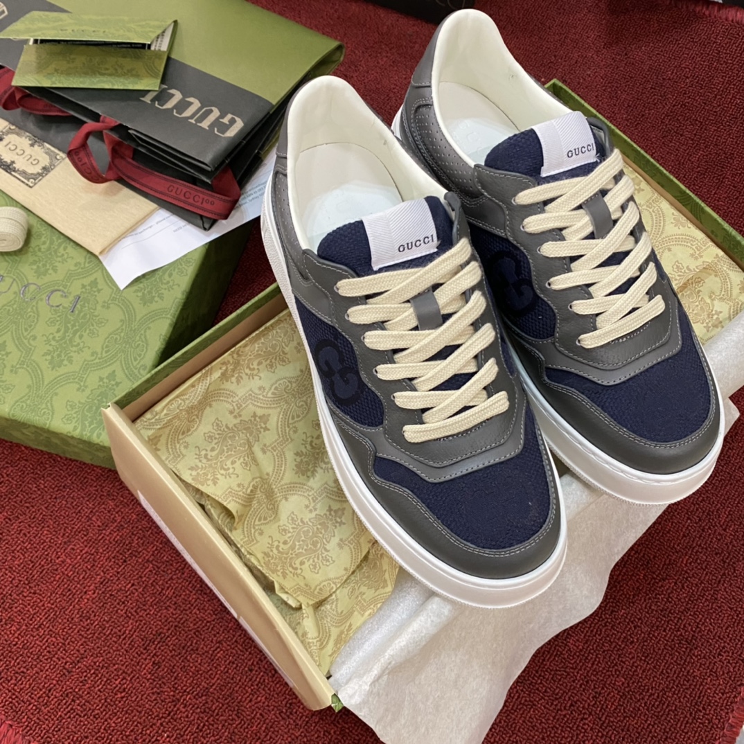 [TOP] GUCCI Color Block Double G Embossed Leather Rubber Platform Sneakers - Gray & Blue