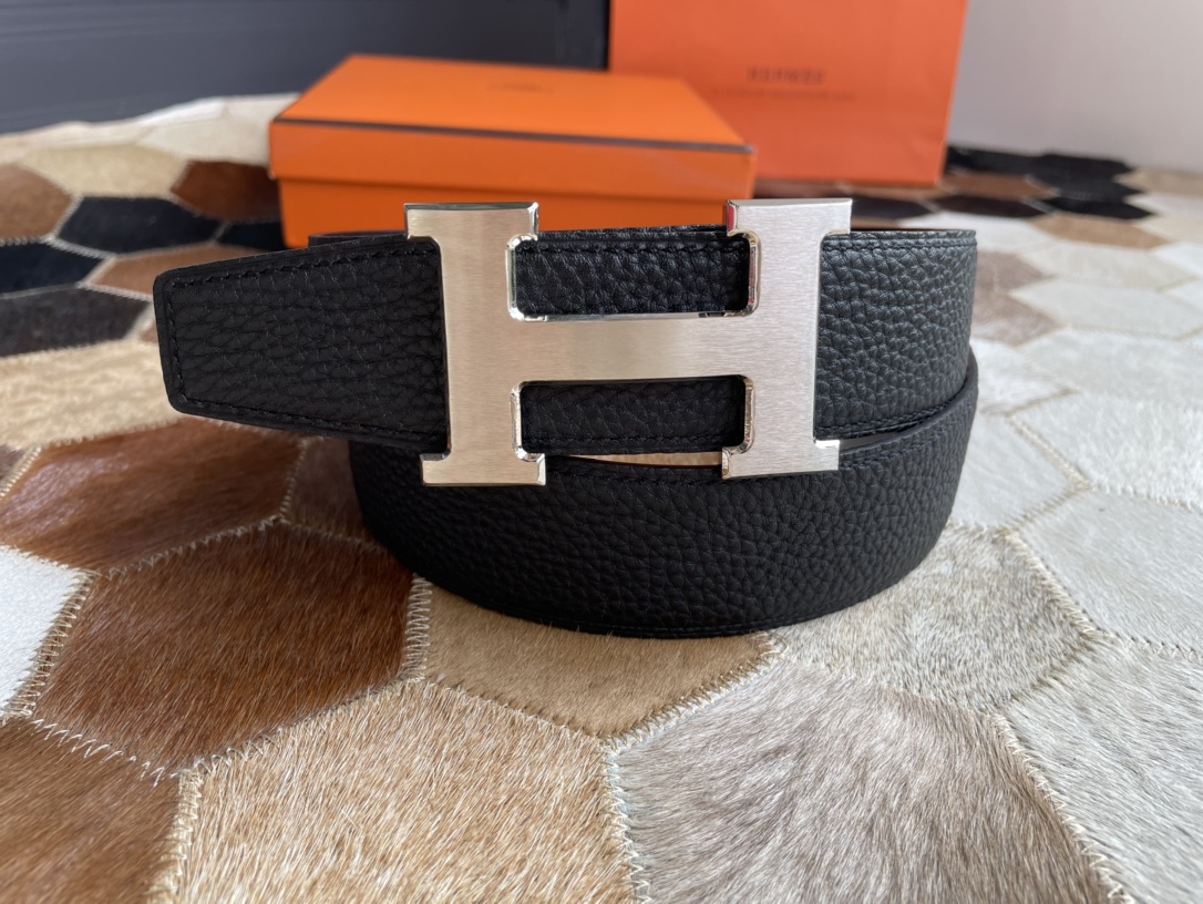 [TOP] HERMES Men's Buckle Logo Epsom Belt 3.8cm - Coffee/Black - GHW/SHW