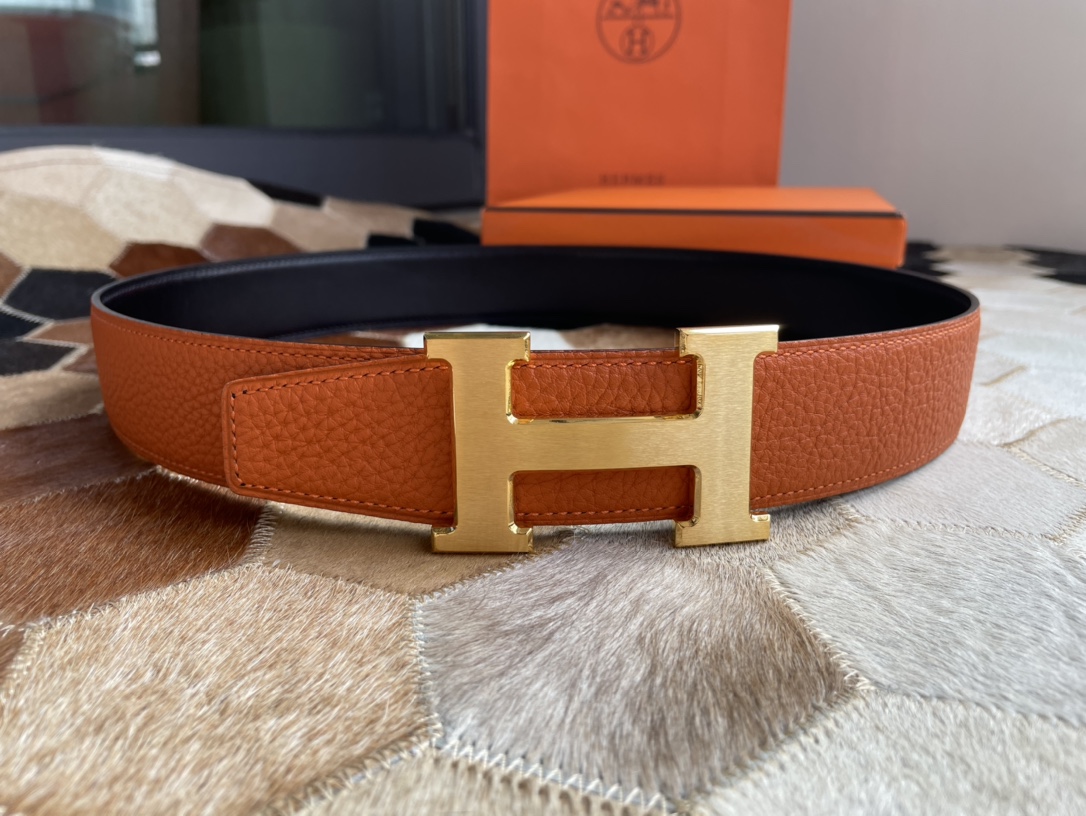 [TOP] HERMES Men's Buckle Logo Epsom Belt 3.8cm - Orange - GHW/SHW