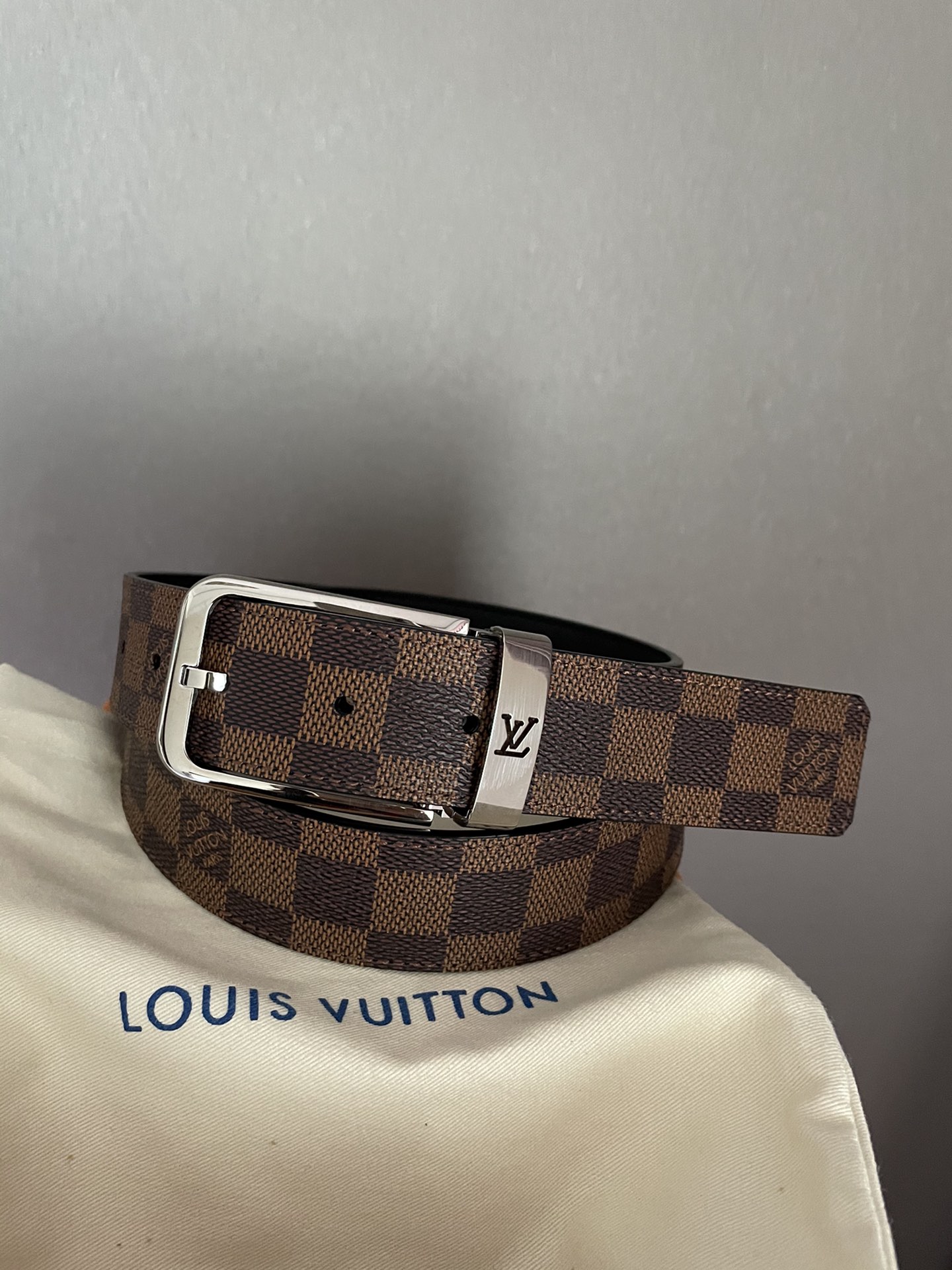 [TOP] Louis Vuitton LV LV Men's Belt Initials Damier Graphite - Brown