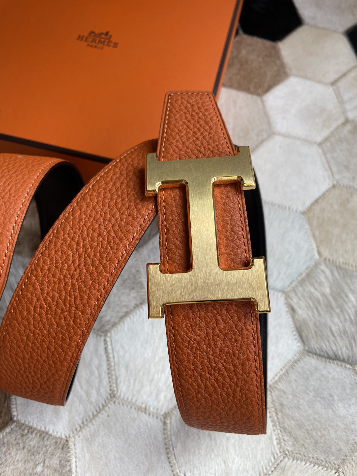 [TOP] HERMES Men's Buckle Logo Epsom Belt 3.8cm - Orange - GHW/SHW