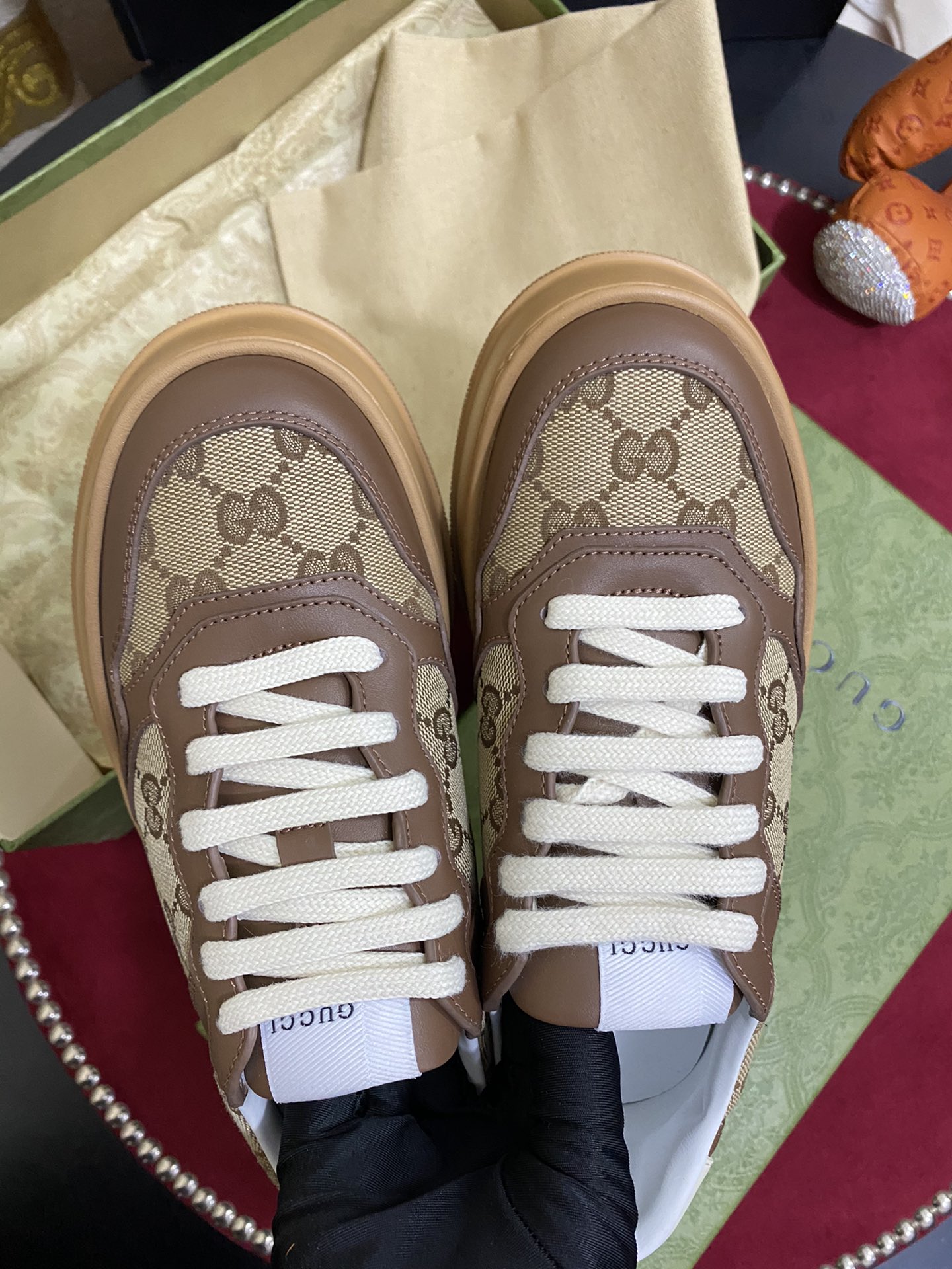 [TOP] GUCCI Double G Embossed Leather Rubber Platform Sneakers - Brown